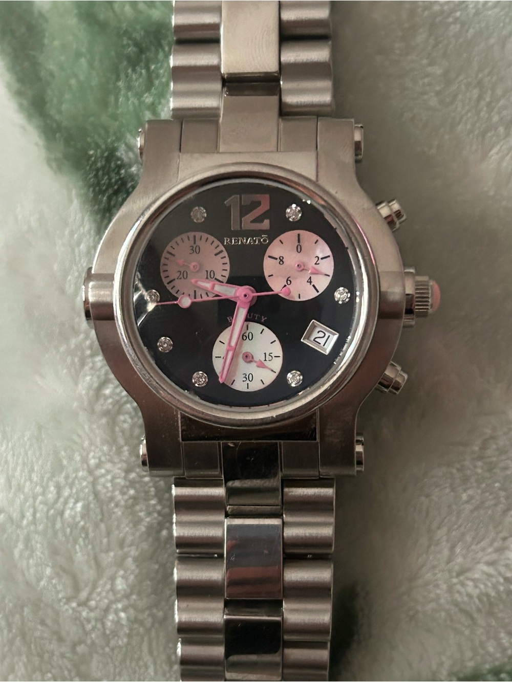 Renato Angi Silver Stainless Steel Watch with Pink Accents